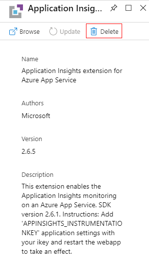 Screenshot of App Service Extensions showing Application Insights extension for Azure App Service with the Delete button highlighted