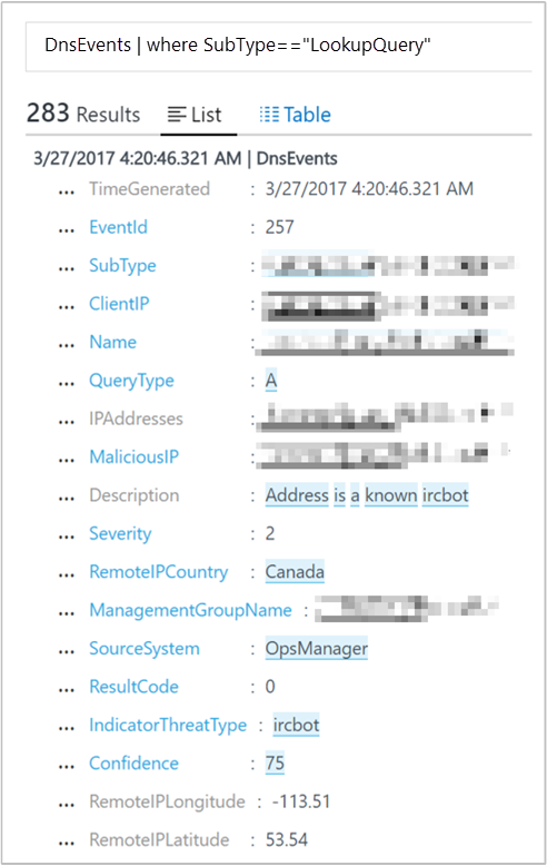 Captura de pantalla que muestra los resultados de la búsqueda de registros que muestran ircbot.