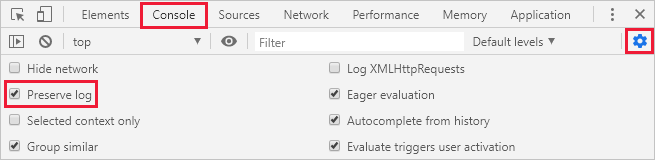 Captura de pantalla que resalta la opción Conservar registro en la pestaña Consola en Chrome.