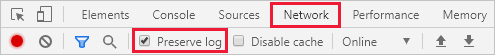 Captura de pantalla que resalta la opción Conservar registro en la pestaña Red en Chrome.