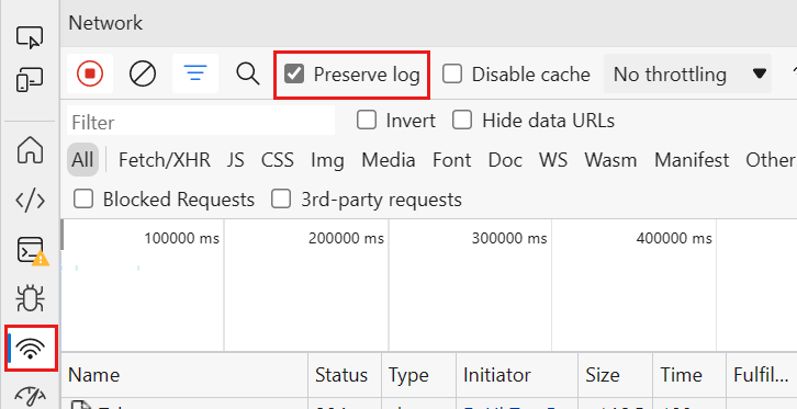 Captura de pantalla que resalta la opción Conservar registro en la pestaña Red en Edge.