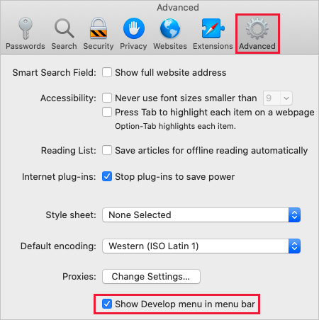 Captura de pantalla de las opciones de preferencias avanzadas de Safari.