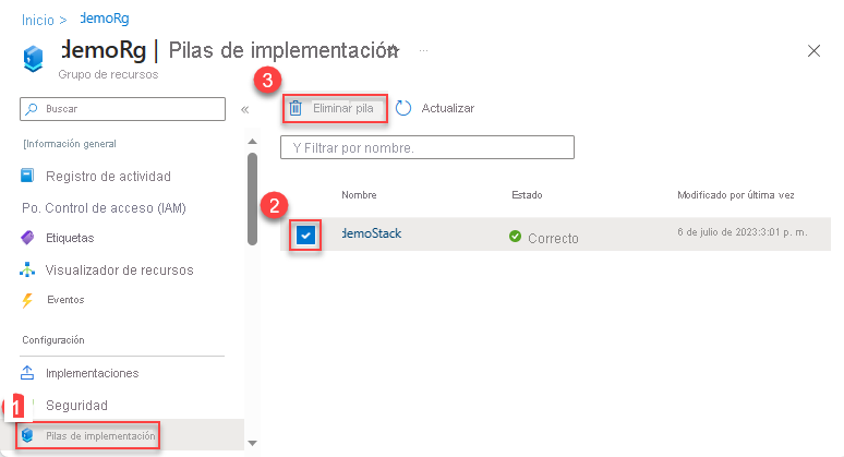 Captura de pantalla de la eliminación de las pilas de implementación en el ámbito del grupo de recursos.
