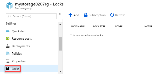 Captura de pantalla de Azure Portal que muestra la opción Bloqueos para una cuenta de almacenamiento.