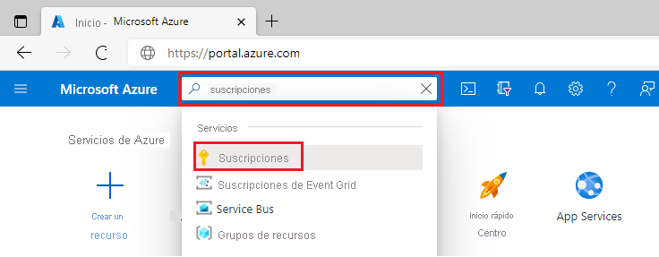 Captura de pantalla del cuadro de búsqueda de Azure Portal con la palabra 