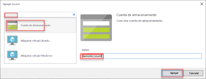Captura de pantalla de la ventana Añadir nuevo recurso con la opción Cuenta de almacenamiento seleccionada.