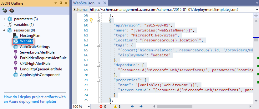 Captura de pantalla del editor Visual Studio con un elemento seleccionado en la ventana Esquema JSON.