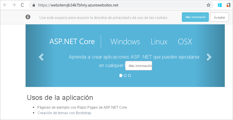 Captura de pantalla de la aplicación ASP.NET implementada por defecto en un navegador web.