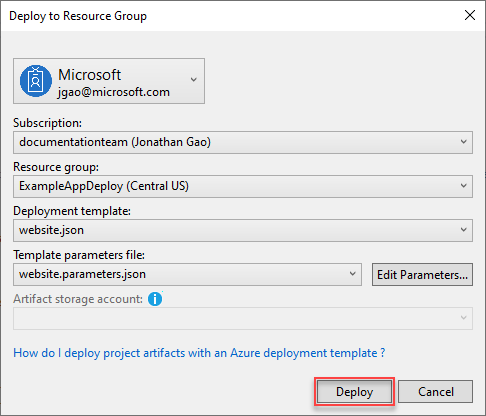 Captura de pantalla del cuadro de diálogo Implementar en grupo de recursos de Visual Studio.