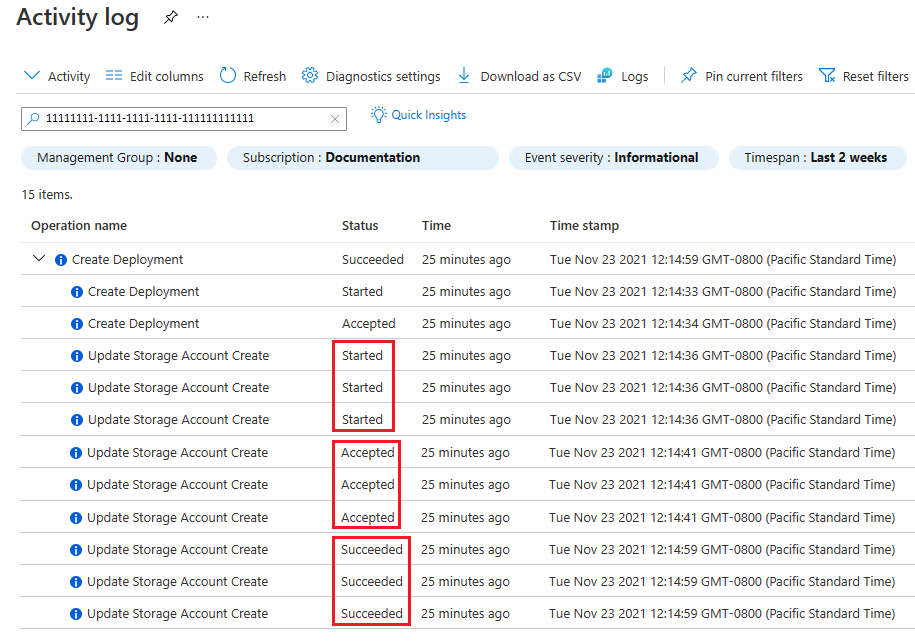 Captura de pantalla del registro de actividad de Azure Portal que muestra tres cuentas de almacenamiento implementadas en paralelo con sus marcas de tiempo y estados.