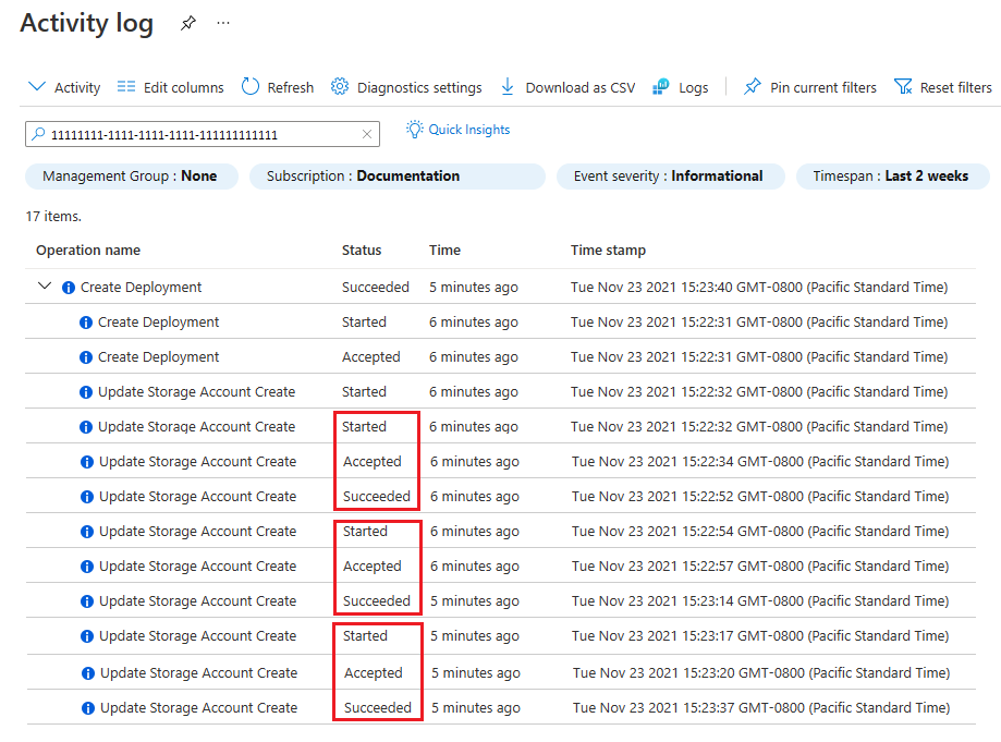 Captura de pantalla del registro de actividad de Azure Portal que muestra tres cuentas de almacenamiento implementadas en orden secuencial con sus marcas de tiempo y estados.