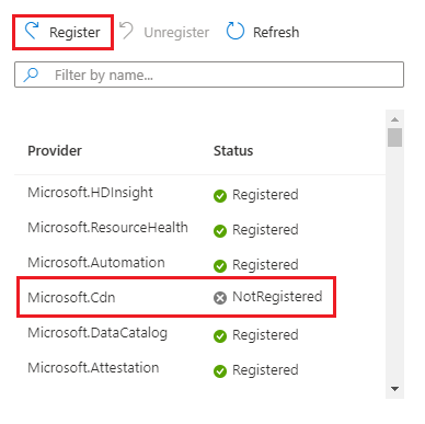 Captura de pantalla de la lista de proveedores de recursos del Azure Portal, mostrando un proveedor específico seleccionado y el botón 'Registrar' resaltado.
