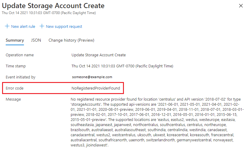 Captura de pantalla de los detalles del registro de actividad en Azure Portal, que muestra el mensaje de error de una implementación fallida y los detalles de la operación.