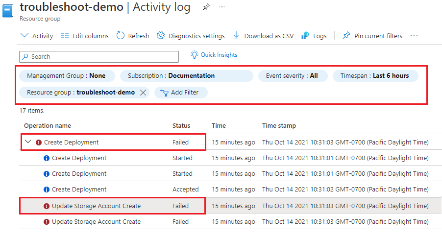 Captura de pantalla del registro de actividad del grupo de recursos de Azure Portal, que destaca una implementación fallida con un registro de errores.