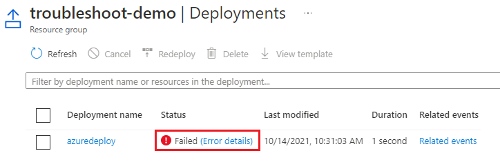Captura de pantalla de la sección de implementaciones de un grupo de recursos en Azure Portal, que muestra un vínculo a los detalles del error para una implementación fallida.