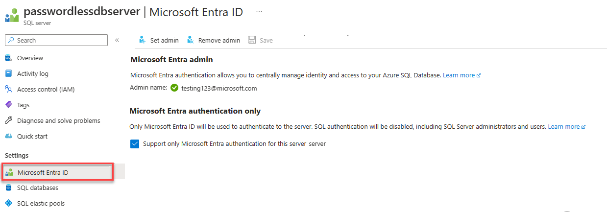 Captura de pantalla que muestra cómo habilitar la autenticación de Microsoft Entra.