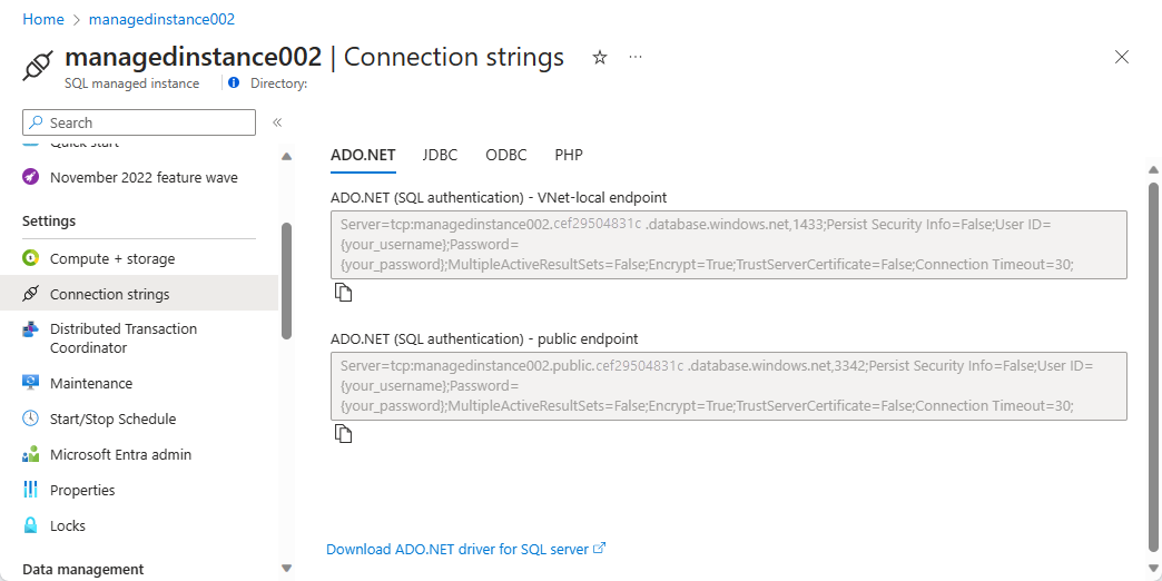 Screenshot shows the connection strings for your public and private endpoints.