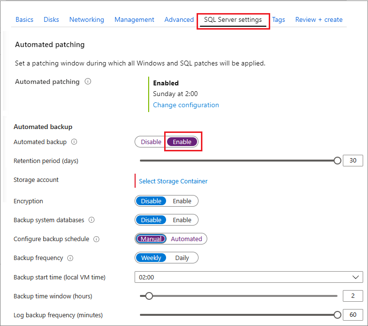 Captura de pantalla de la configuración de copia de seguridad automatizada en Azure Portal.