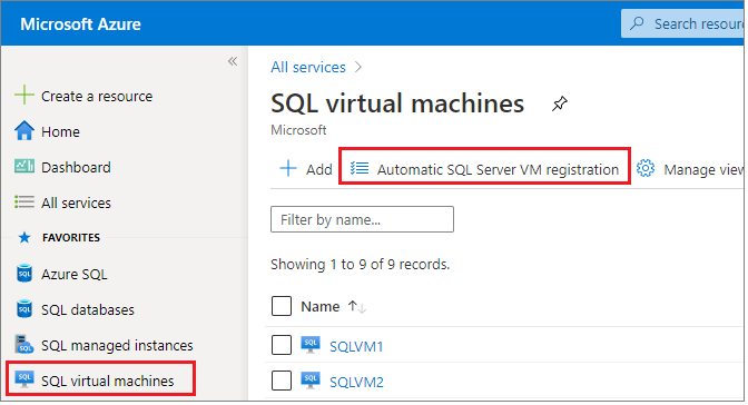Captura de pantalla que muestra cómo seleccionar el registro automático de VM con SQL Server para abrir la página Registro automático