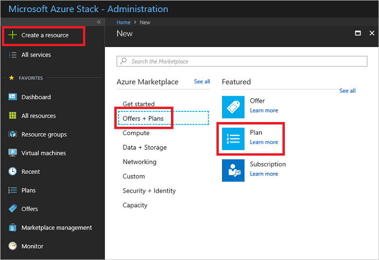 Captura de pantalla que muestra cómo seleccionar un plan en el portal de administración de Azure Stack Hub.