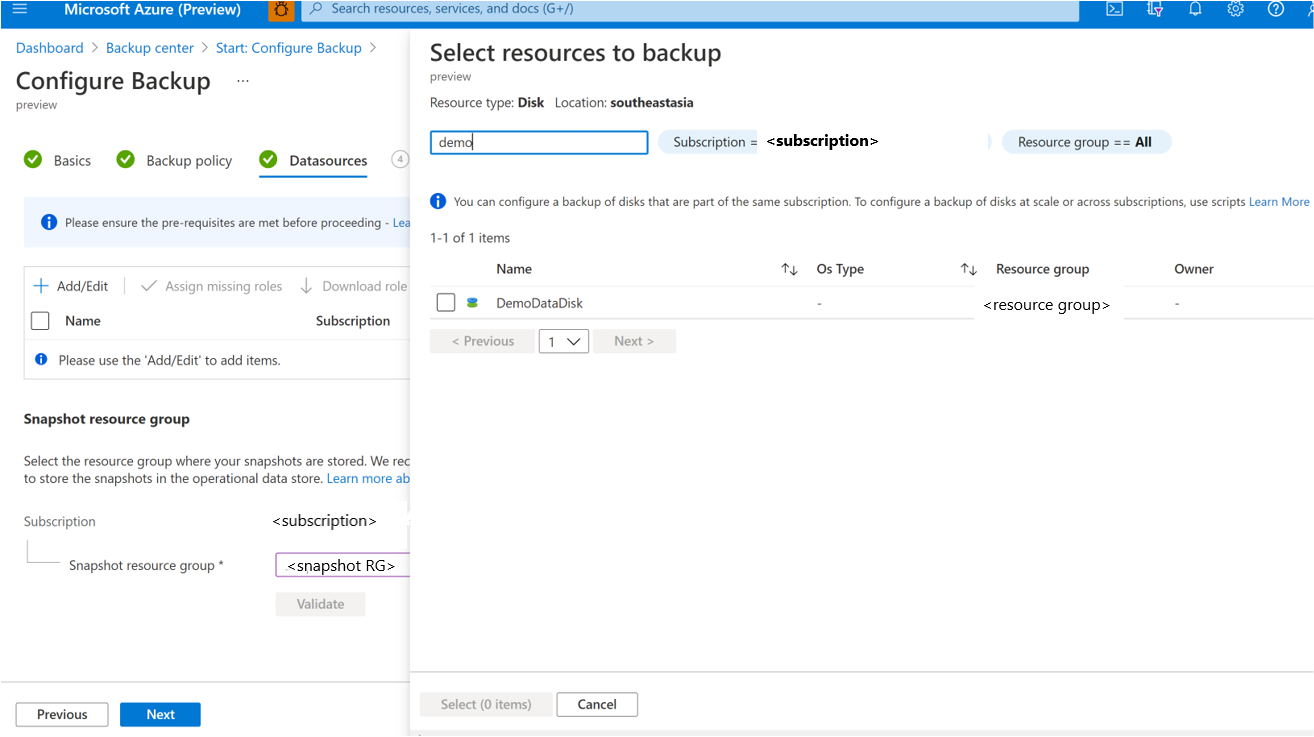 Captura de pantalla que muestra el proceso para elegir instancias de Azure Managed Disks.