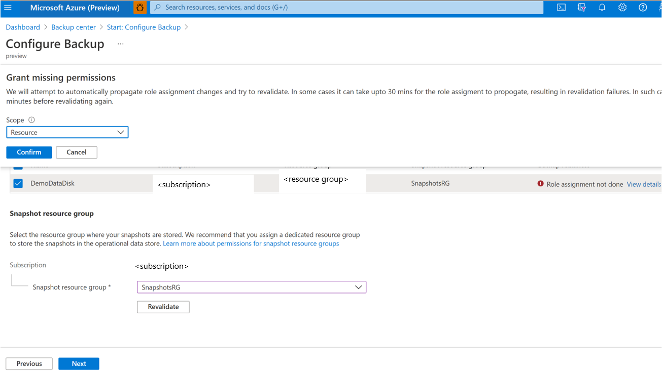 Captura de pantalla que muestra la opción de proporcionar consentimiento a Azure Backup para la asignación automática de roles.