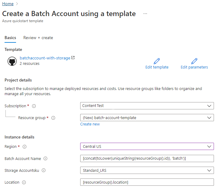 Resource Manager template, Batch account creation, deploy portal