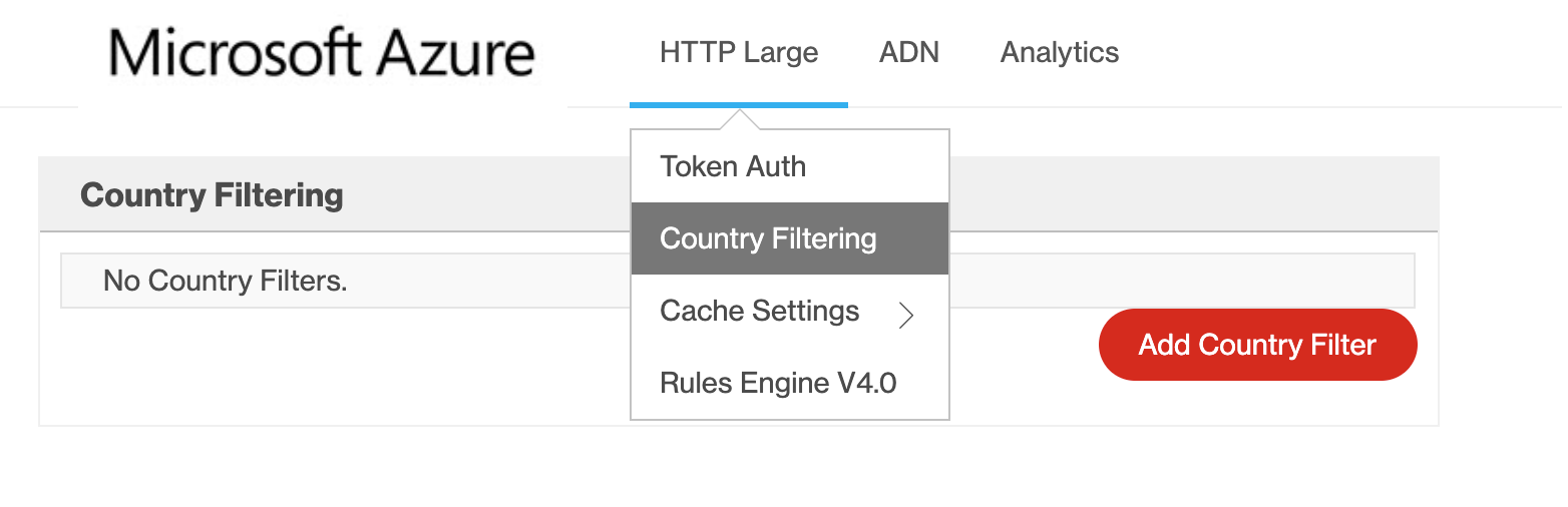Captura de pantalla que muestra cómo seleccionar el filtrado de países en Azure CDN