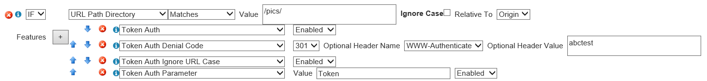 Captura de pantalla del ejemplo de configuración de autenticación de tokens del motor de reglas de entrega de contenido.