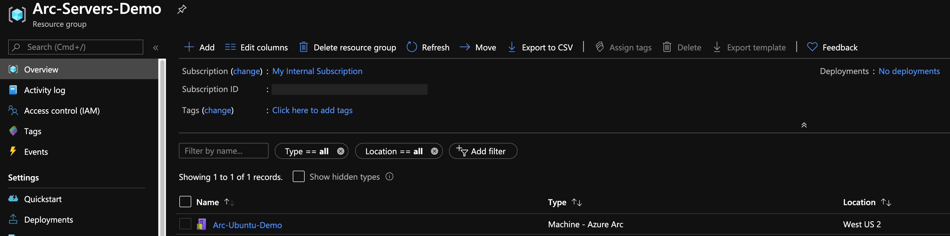 A screenshot of an Azure Arc-enabled server in an Azure resource group.