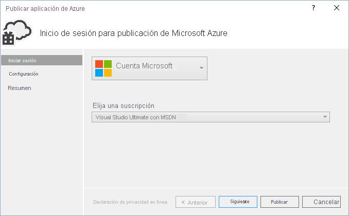 Inicio de sesión para publicación de Microsoft Azure