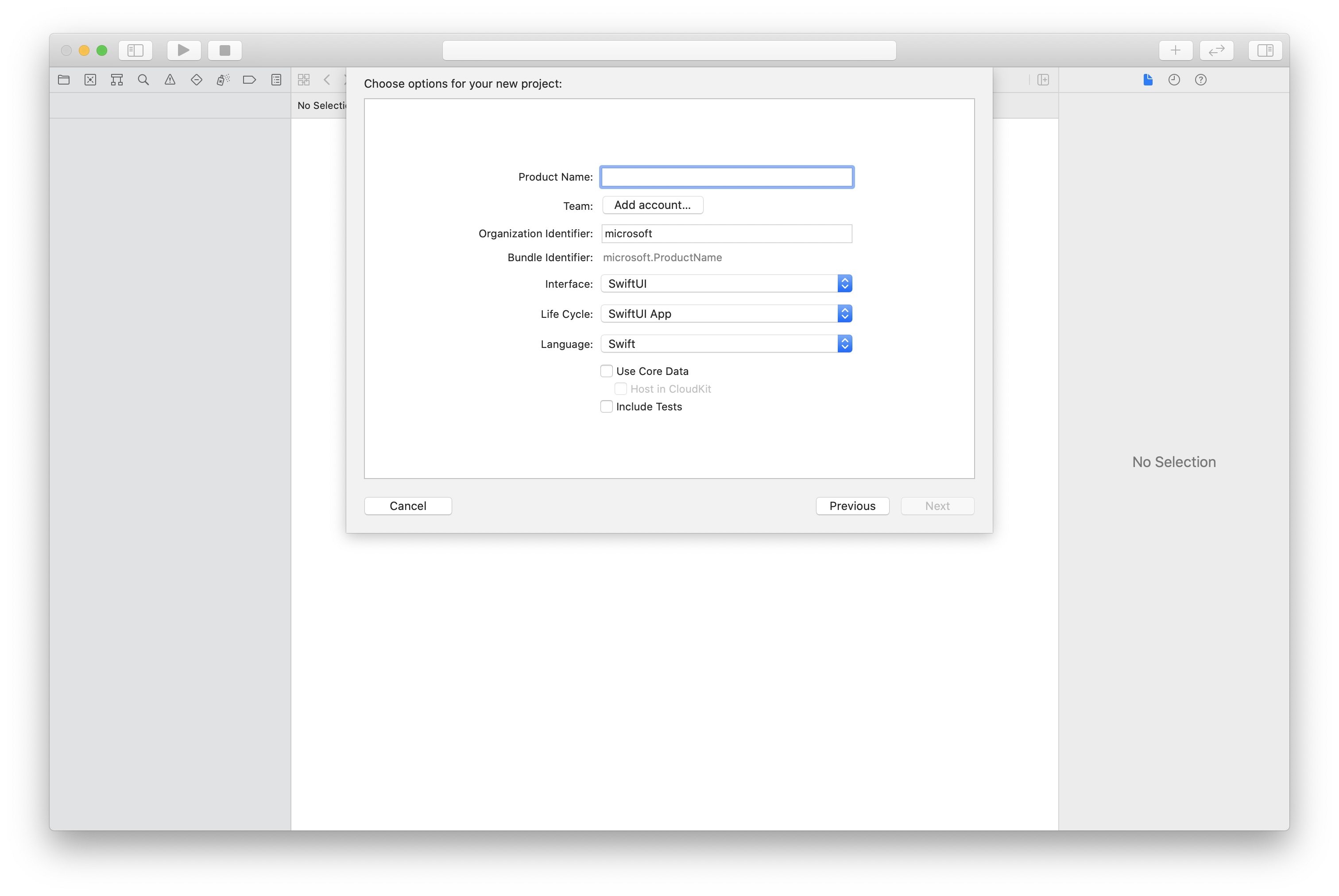 Captura de pantalla que muestra la ventana para crear un proyecto en Xcode.