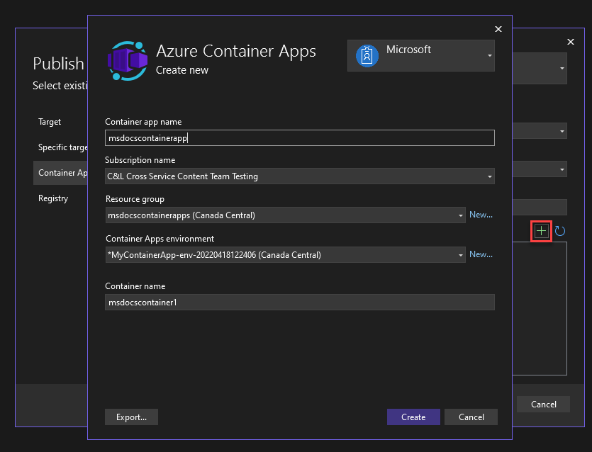 Captura de pantalla que muestra cómo crear nuevas Container Apps.