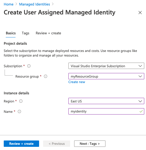 Captura de pantalla de las opciones para crear una identidad asignada al usuario en el Azure Portal.