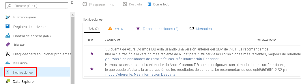 Ver recomendaciones desde el panel de Azure Cosmos DB