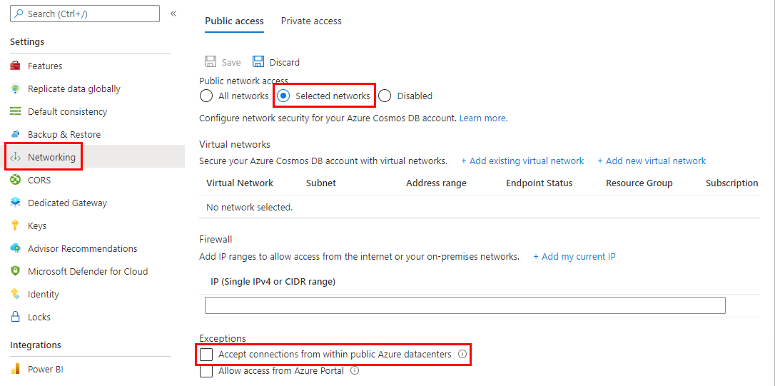 Captura de pantalla que muestra cómo aceptar conexiones de los centros de datos de Azure