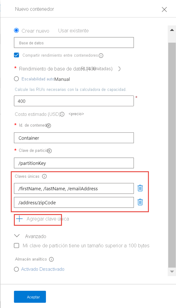 Captura de pantalla de una entrada de restricción de clave única en Azure Portal