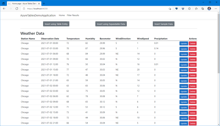 Captura de pantalla de la aplicación finalizada que muestra los datos almacenados en una tabla de Azure Cosmos DB mediante la API para Table.