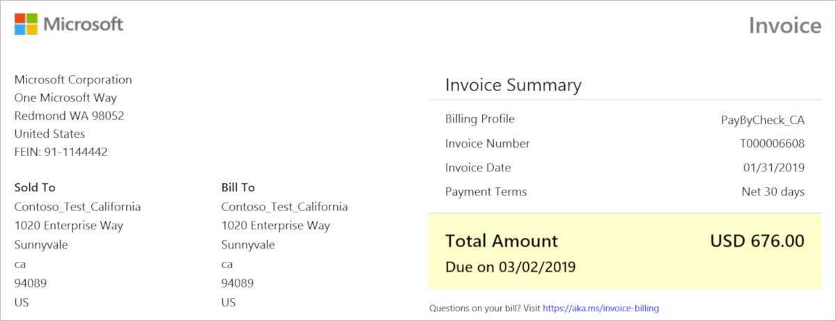 Captura de pantalla que muestra la sección Resumen de factura.