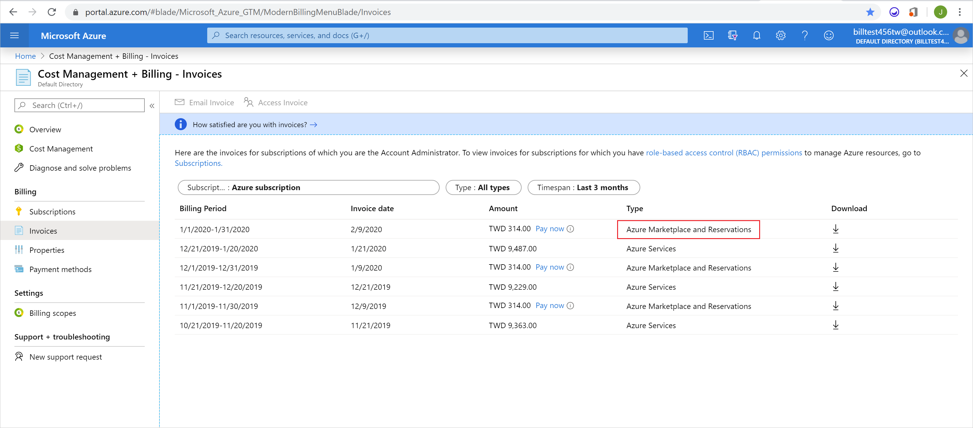 Captura de pantalla que muestra las facturas de facturación con Azure Marketplace y Reservations hightlighted..