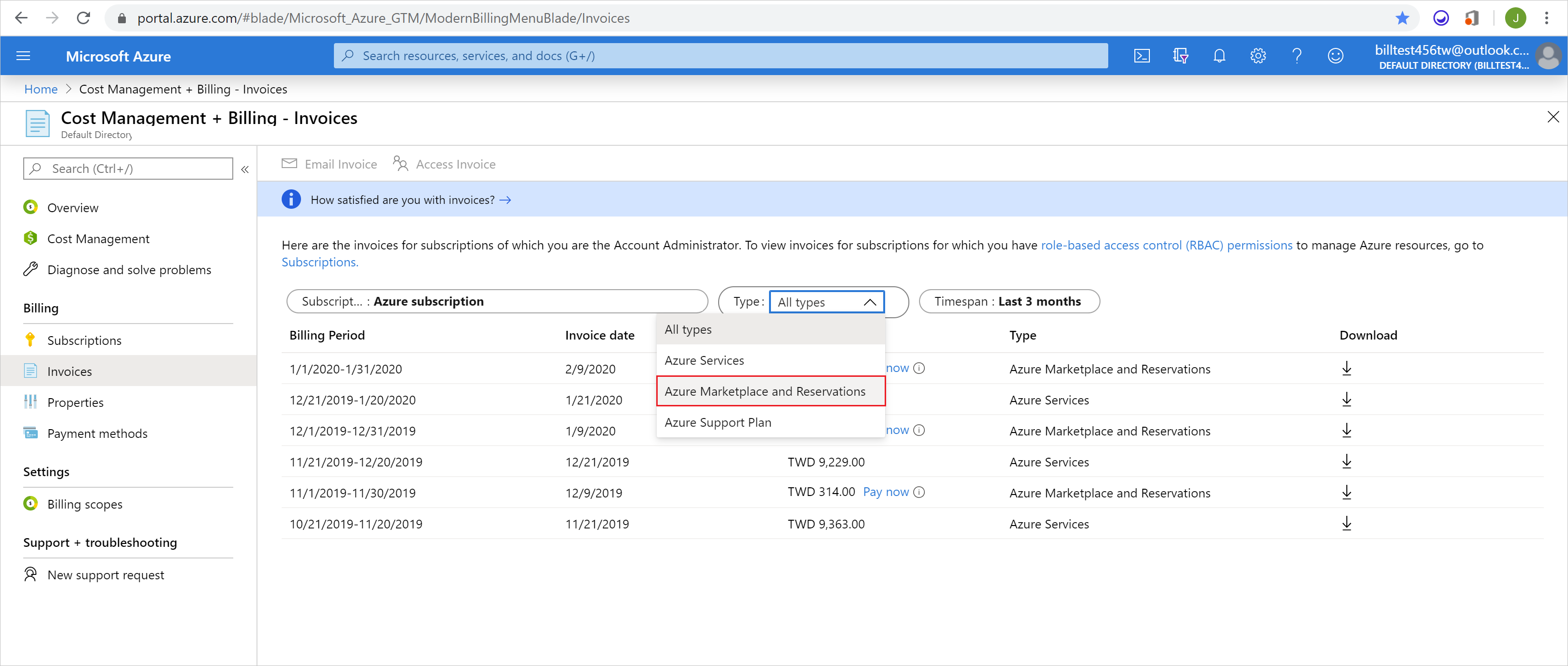 Captura de pantalla que muestra Azure Marketplace y Reserva seleccionada en la lista desplegable.