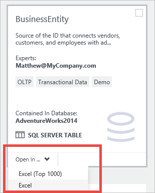 Para abrir una tabla de SQL Server en Excel desde el icono del recurso de datos, seleccione la pestaña Abrir en.