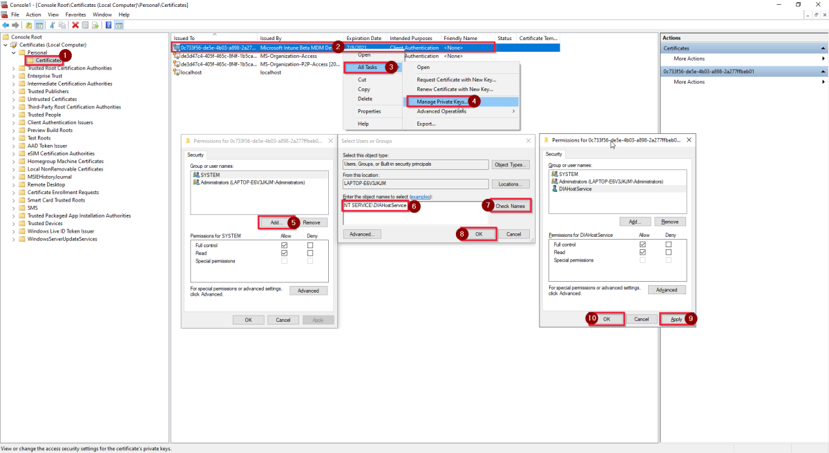 Captura de pantalla que muestra el tercer paso para agregar una cuenta de servicio del entorno de ejecución de integración autohospedado a los permisos de clave privada