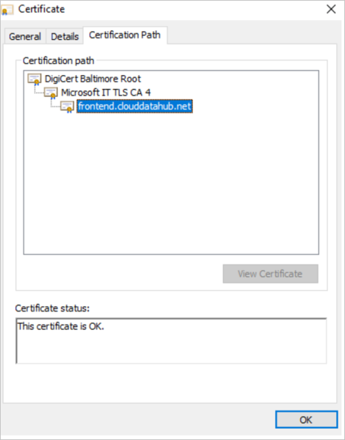 Captura de pantalla de la ventana para comprobar la ruta del certificación de servidor.