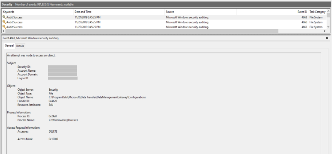 Captura de pantalla del panel de detalles del registro de eventos para comprobar el archivo Configurations.