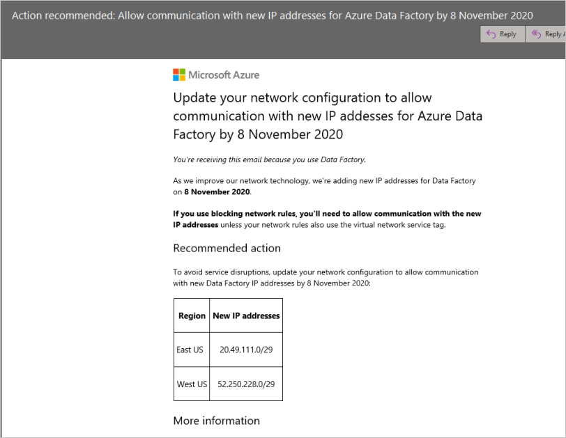 Captura de pantalla de la notificación por correo electrónico de Microsoft que solicita la actualización de la configuración de red.