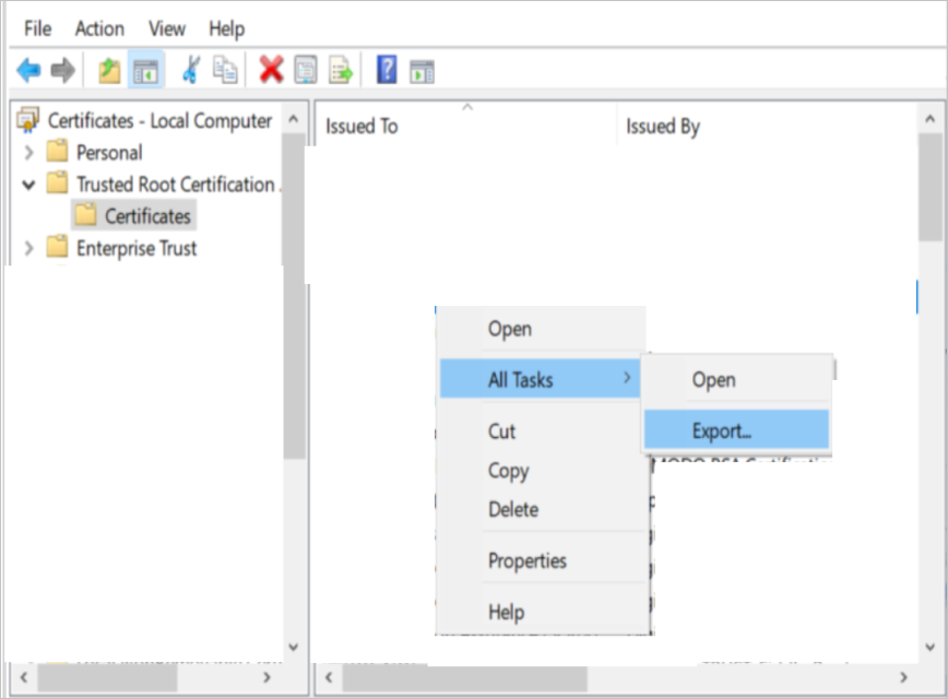 Captura de pantalla del control "Todas las tareas" > "Exportar" de un certificado en el panel "Administrar certificados de equipo".