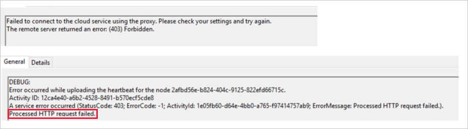 Captura de pantalla del mensaje "Error de solicitud HTTP procesada".