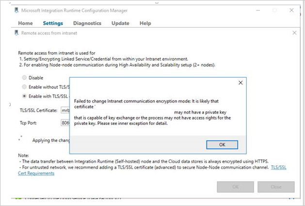 Captura de pantalla del panel Configuración de Integration Runtime Configuration Manager, que muestra un mensaje de error que indica que "falta una clave privada".