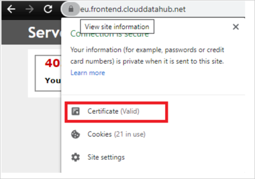 Captura de pantalla del panel de comprobación del certificado de servidor del servicio Azure Data Factory.